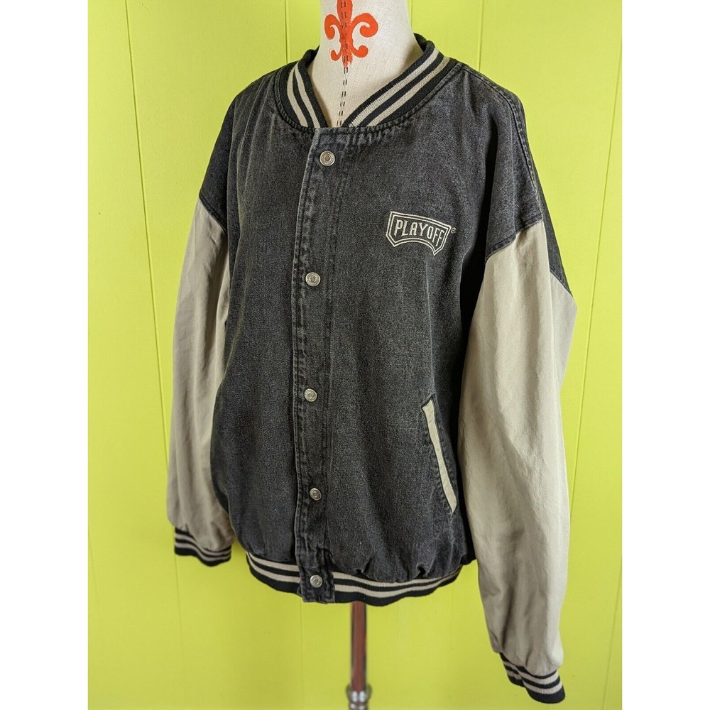 Rare VTG 90s Dunbrooke XL PLAY OFF Gray Bomber Jacket Denim  Snap Striped Trim
